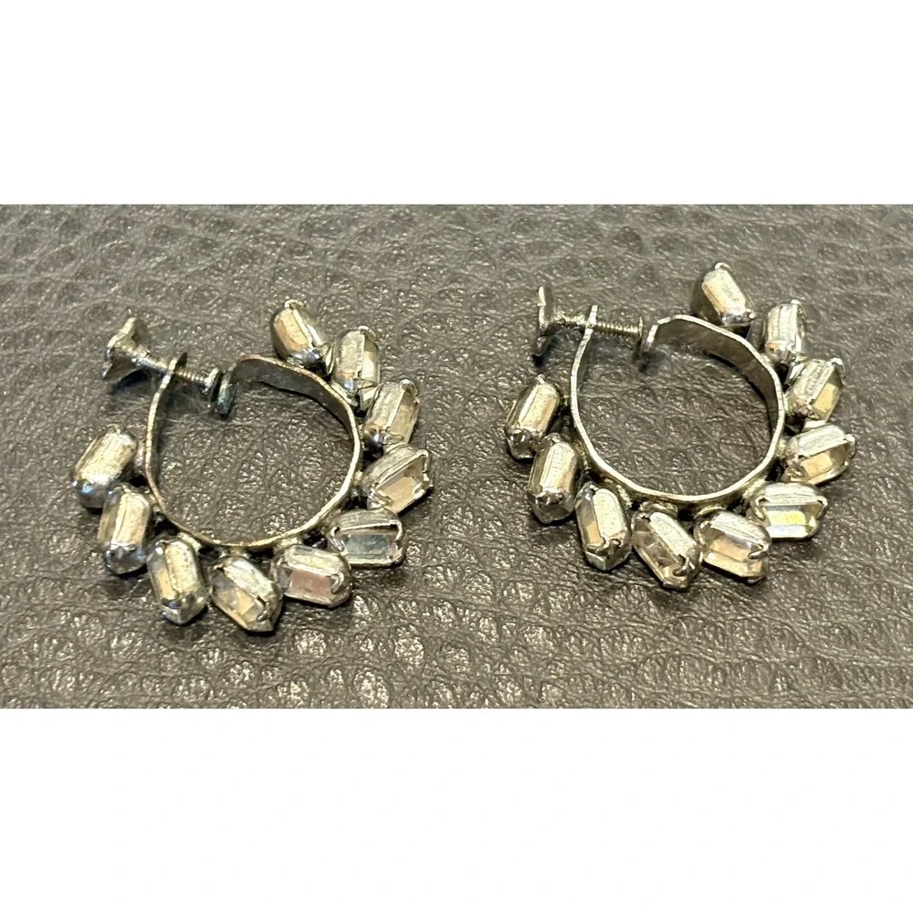 Vintage Silver Tone Screw Back Hoop Earrings Crystal Baguette Rhinestones